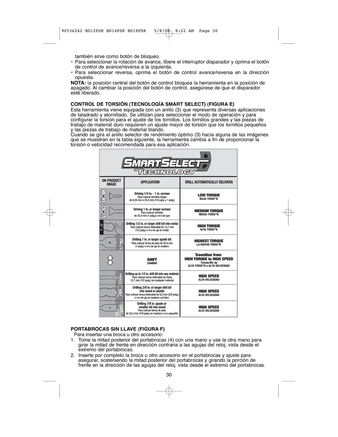 Black & Decker BD18PS, BD14PS Control DE Torsión Tecnología Smart Select Figura E, Portabrocas SIN Llave Figura F 