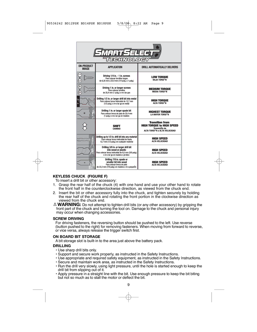 Black & Decker BD14PS, BD18PS instruction manual Keyless Chuck Figure F, Screw Driving, On Board BIT Storage, Drilling 