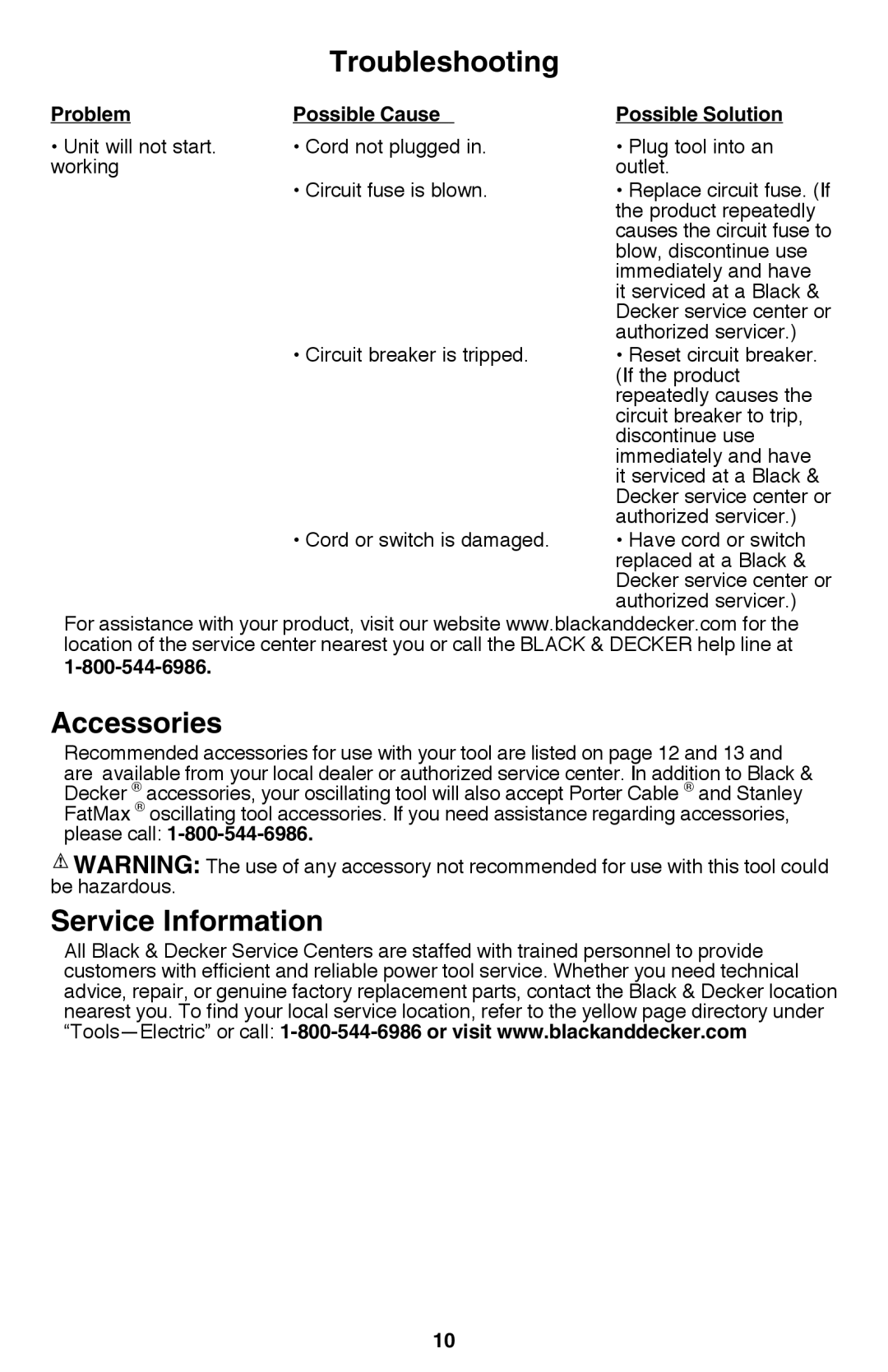 Black & Decker BD200TMT Troubleshooting, Accessories, Service Information, Problem Possible Cause Possible Solution 