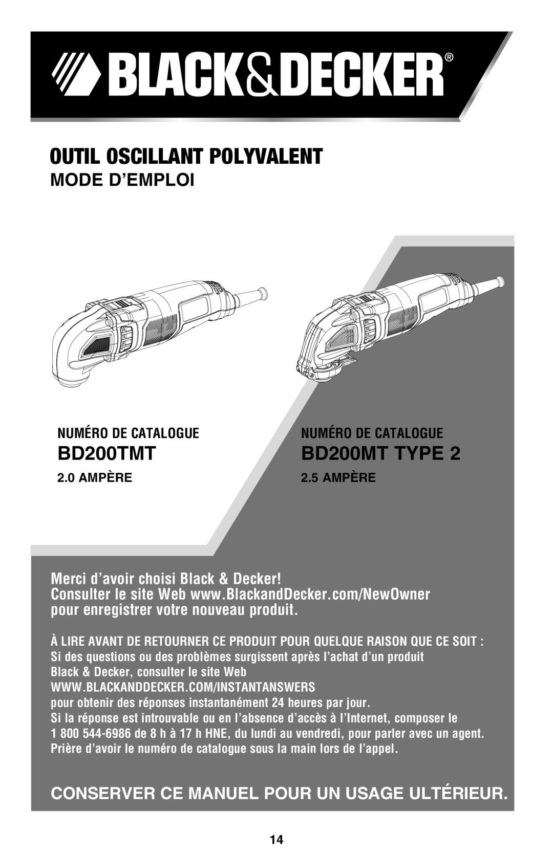 Black & Decker BD200TMT, BD200MTBR, BD200MT TYPE 2 instruction manual Mode d’emploi, Ampère 