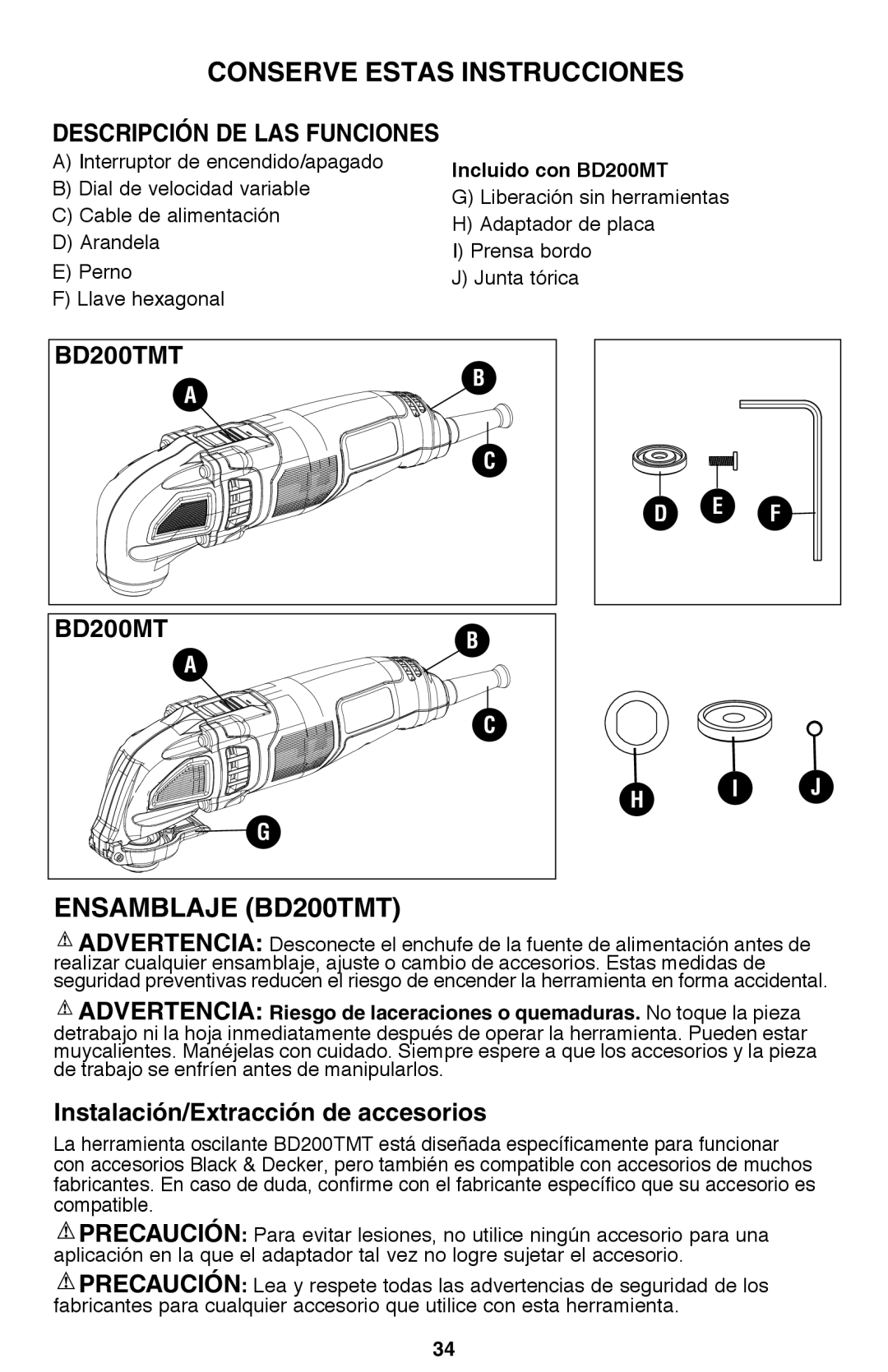 Black & Decker BD200MTBR Ensamblaje BD200TMT, Descripción de las funciones, Instalación/Extracción de accesorios 