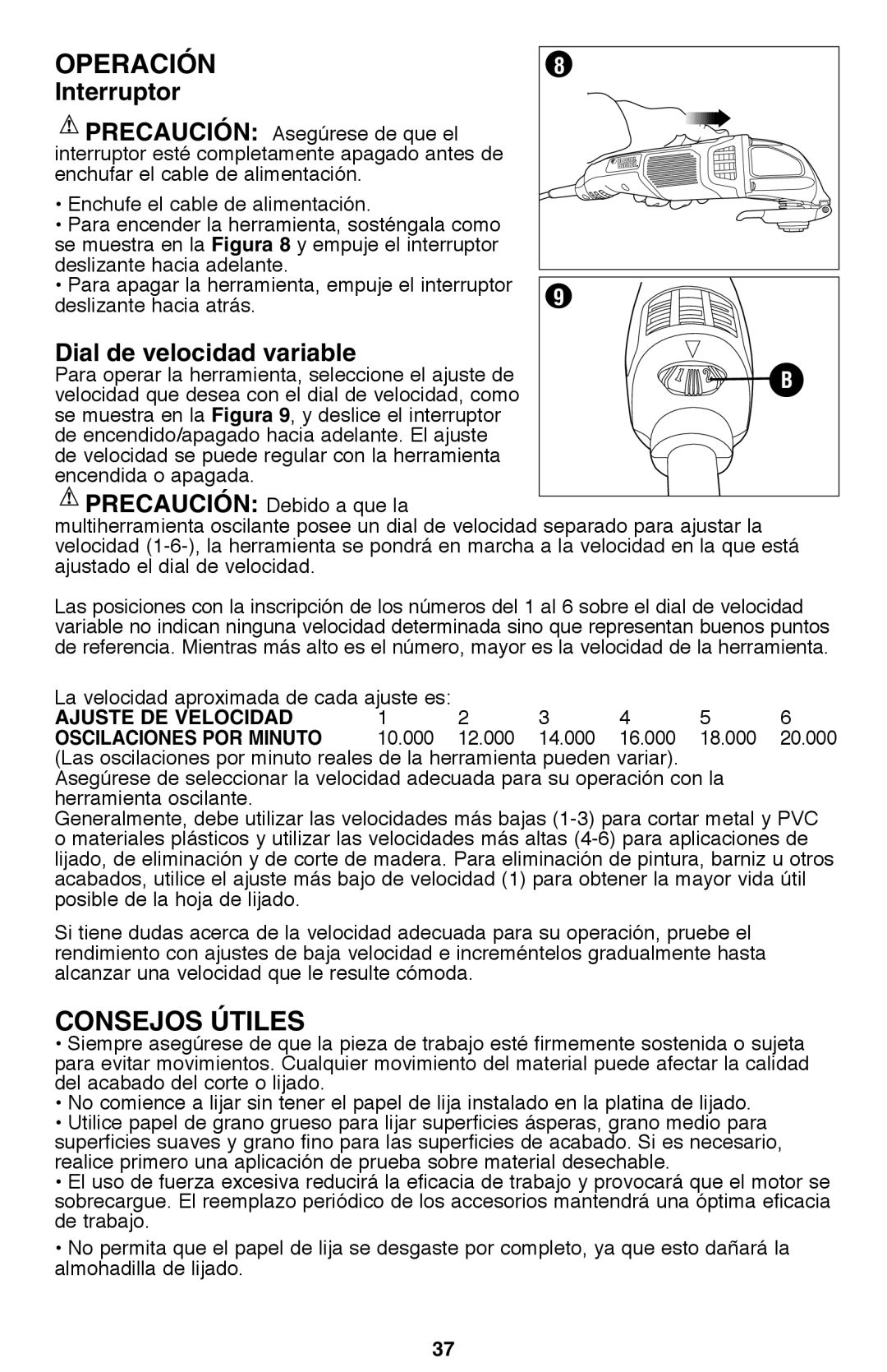 Black & Decker BD200MTB, BD200TMT Operación, Consejos útiles, Interruptor, Dial de velocidad variable, Ajuste DE Velocidad 