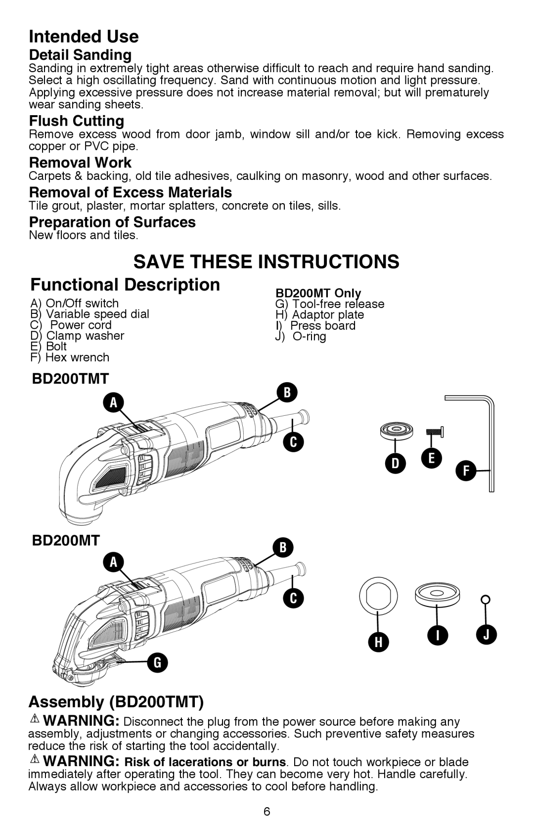 Black & Decker BD200MTBR, BD200MT TYPE 2 instruction manual Intended Use, Functional Description, Assembly BD200TMT 