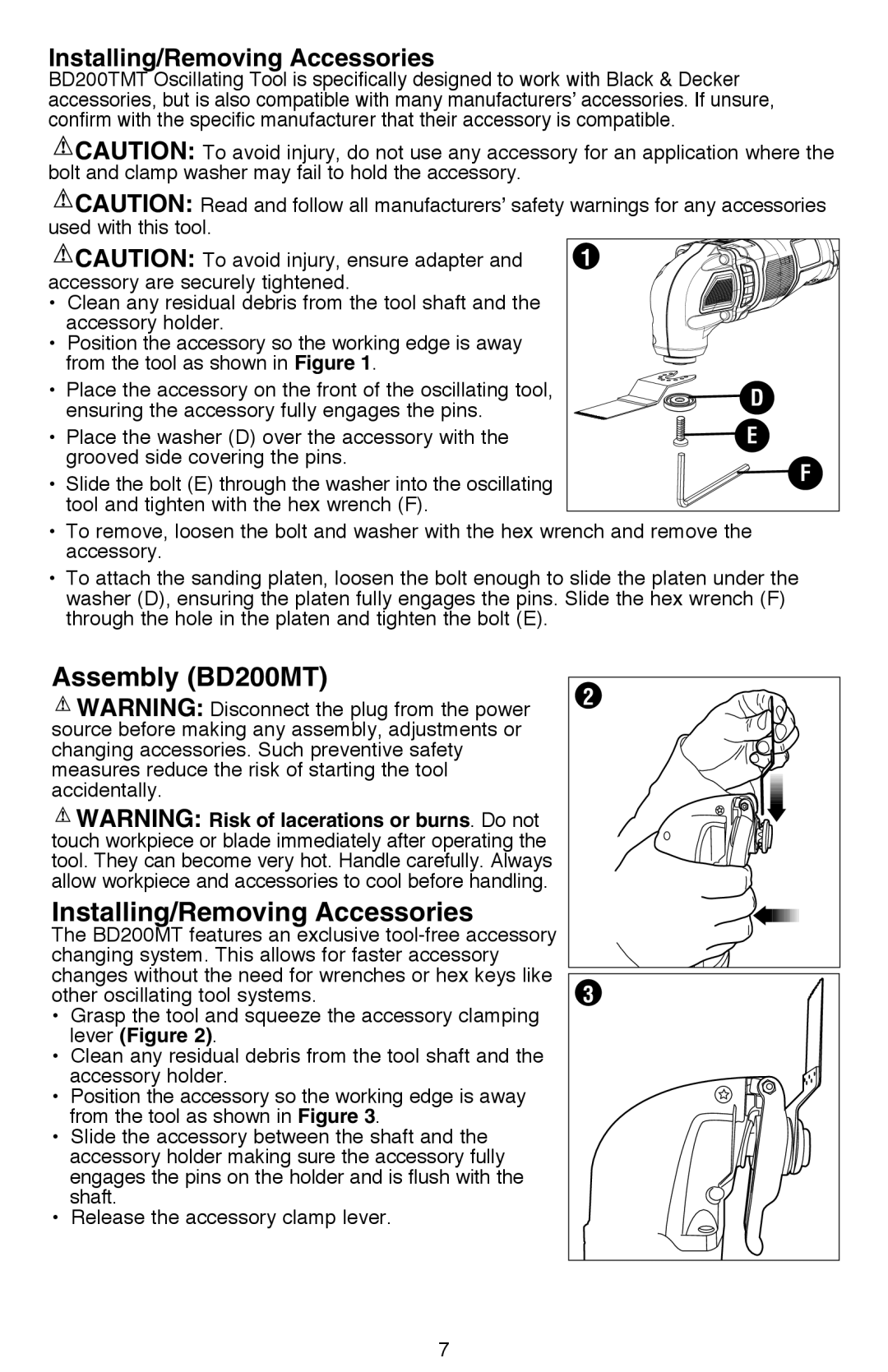 Black & Decker BD200MT TYPE 2, BD200MTBR, BD200TMT instruction manual Assembly BD200MT Installing/Removing Accessories 