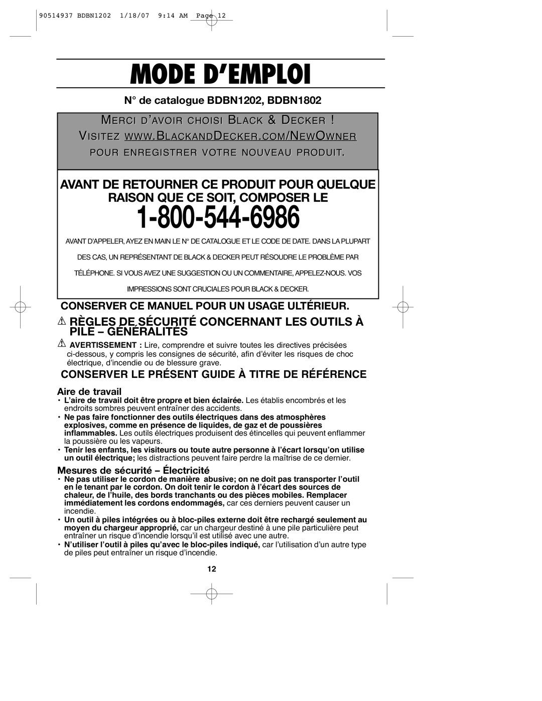 Black & Decker BDBN1202, BDBN1802, 90514937 instruction manual Aire de travail, Mesures de sécurité Électricité 