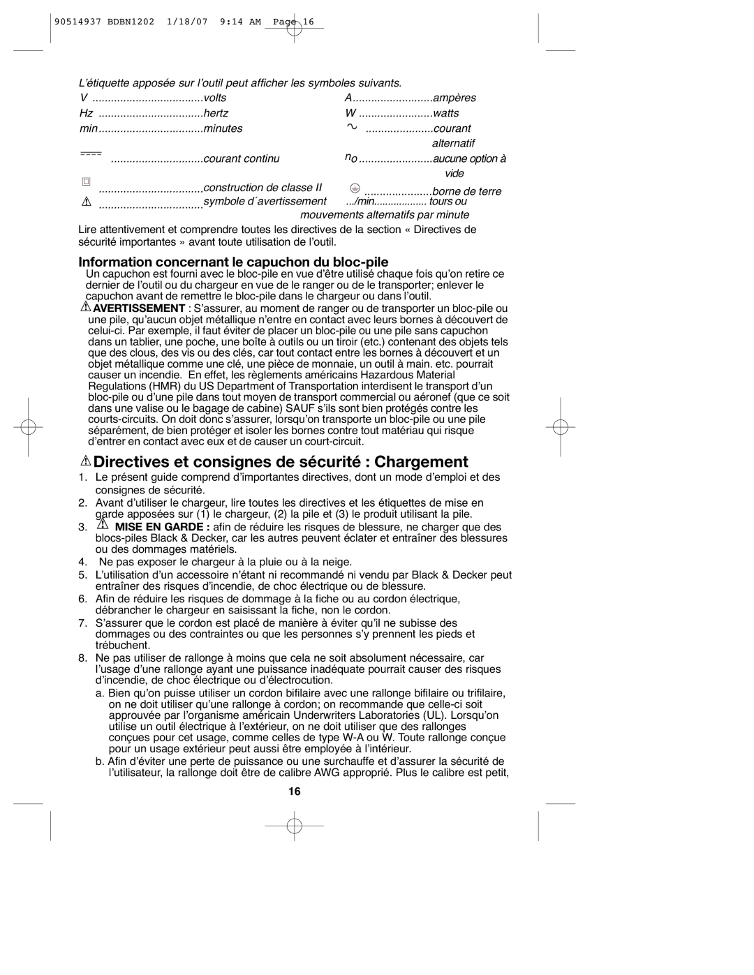 Black & Decker BDBN1802 Directives et consignes de sécurité Chargement, Information concernant le capuchon du bloc-pile 