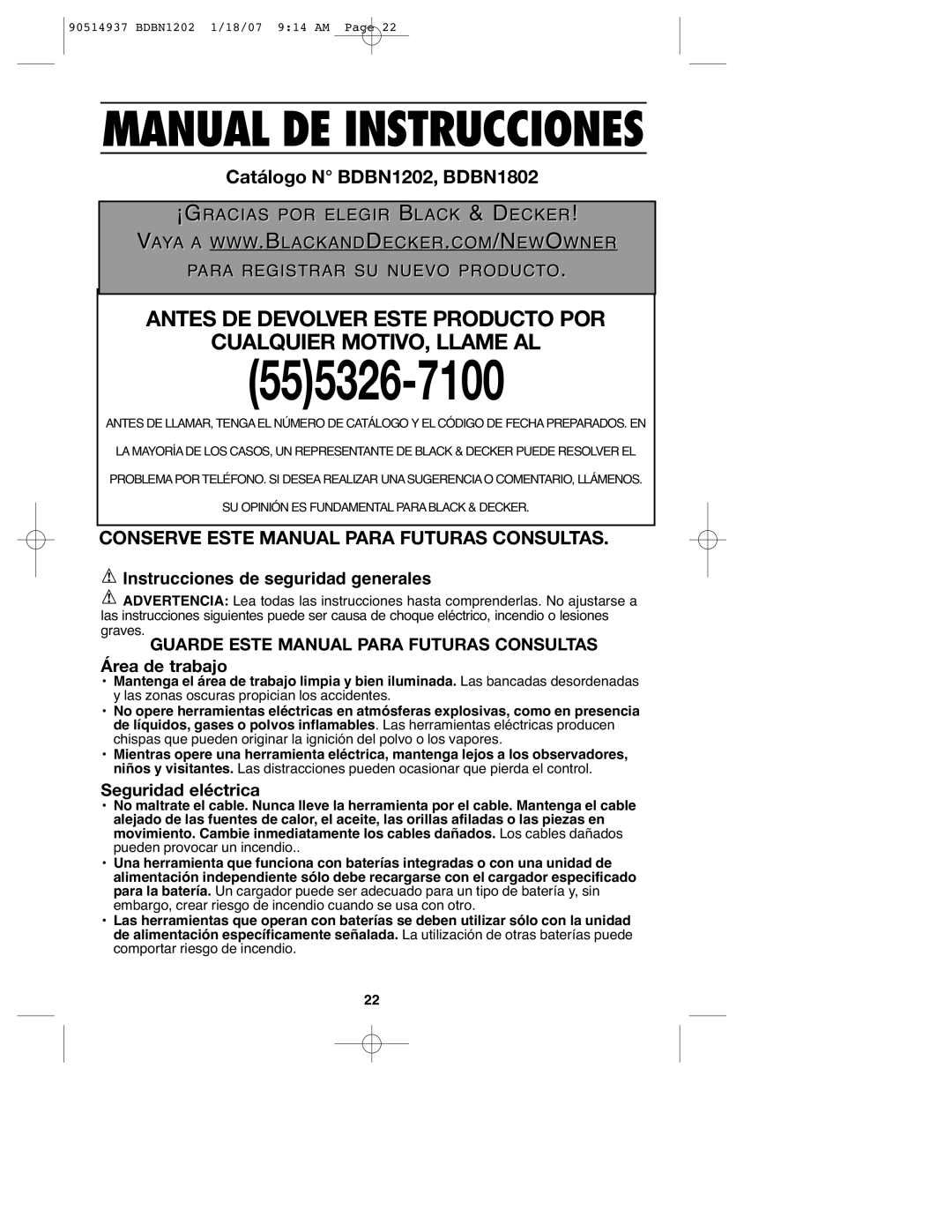 Black & Decker BDBN1802, BDBN1202, 90514937 Guarde Este Manual Para Futuras Consultas Área de trabajo, Seguridad eléctrica 