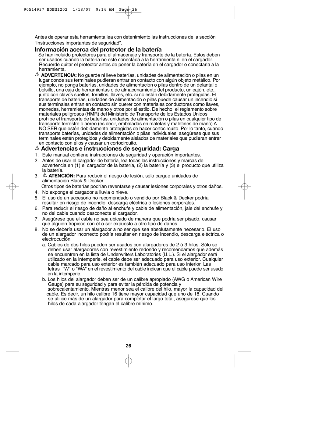 Black & Decker 90514937 Información acerca del protector de la batería, Advertencias e instrucciones de seguridad Carga 