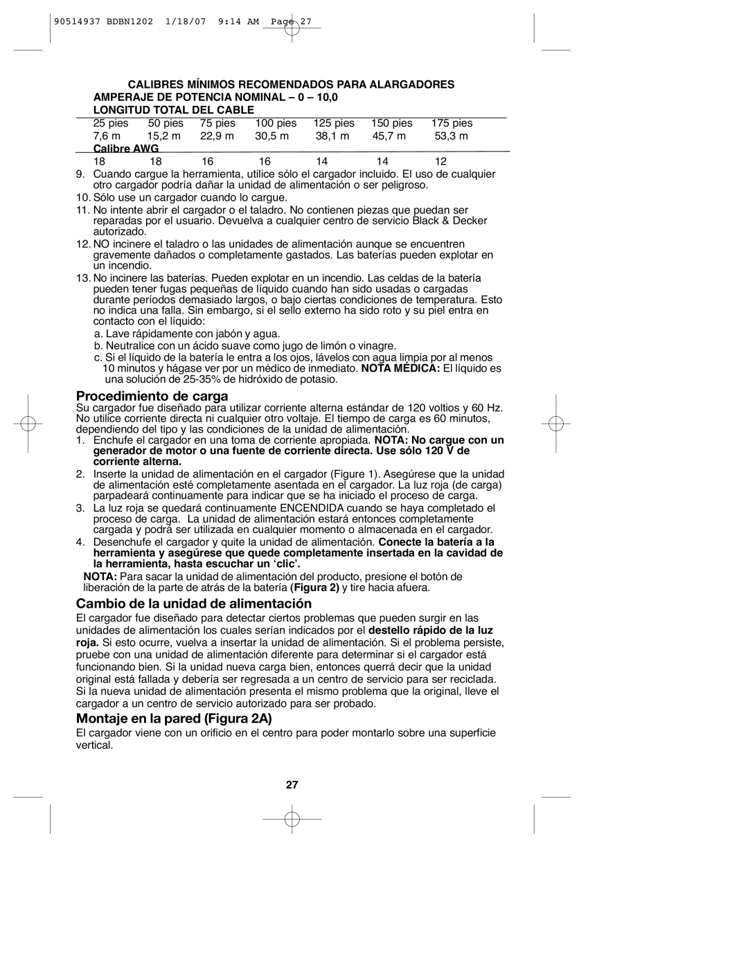 Black & Decker BDBN1202 Procedimiento de carga, Cambio de la unidad de alimentación, Montaje en la pared Figura 2A 