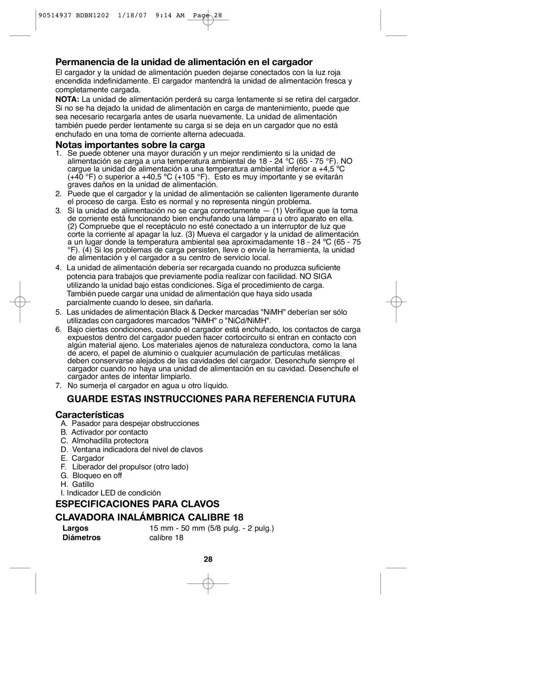 Black & Decker BDBN1802 Permanencia de la unidad de alimentación en el cargador, Notas importantes sobre la carga 