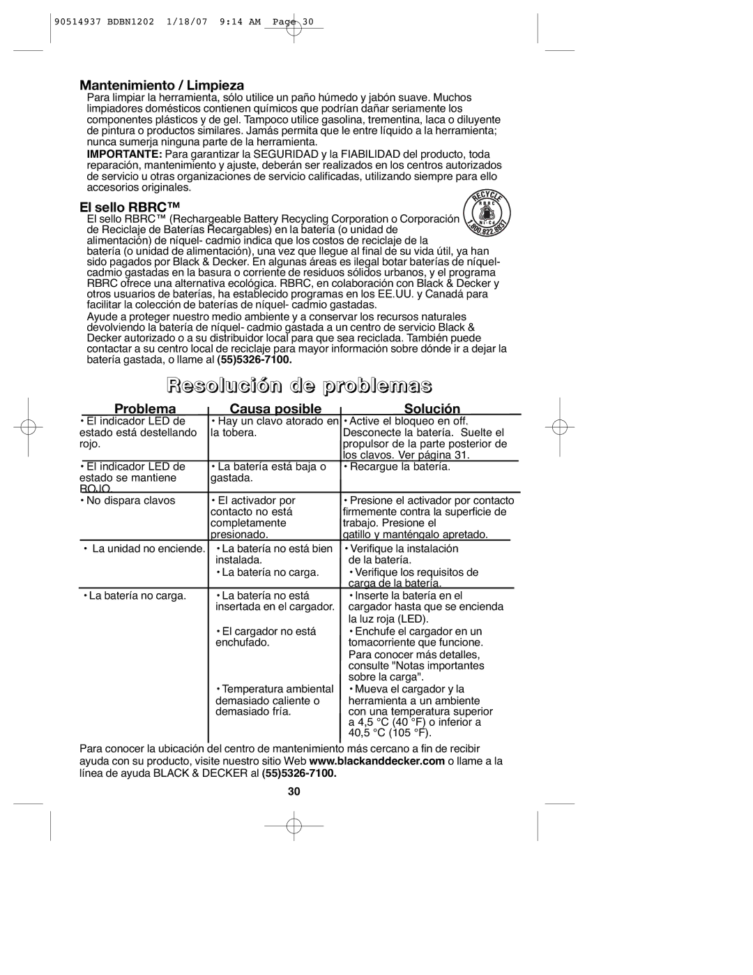 Black & Decker BDBN1202, BDBN1802, 90514937 Mantenimiento / Limpieza, El sello Rbrc, Problema Causa posible Solución 