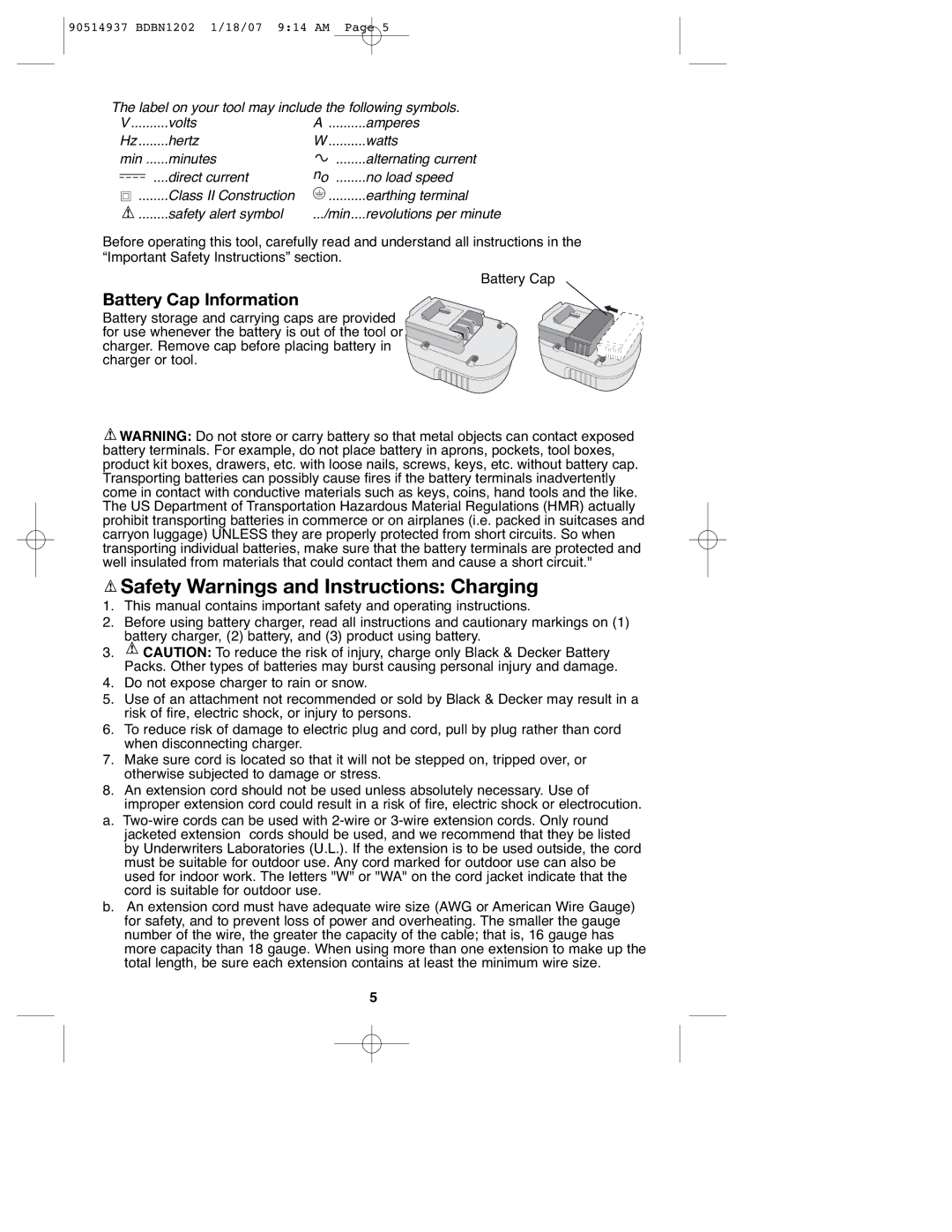 Black & Decker 90514937, BDBN1202, BDBN1802 Safety Warnings and Instructions Charging, Battery Cap Information 