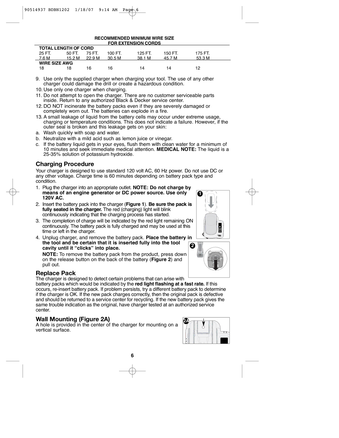 Black & Decker BDBN1202, BDBN1802, 90514937 instruction manual Charging Procedure, Replace Pack, Wall Mounting a 