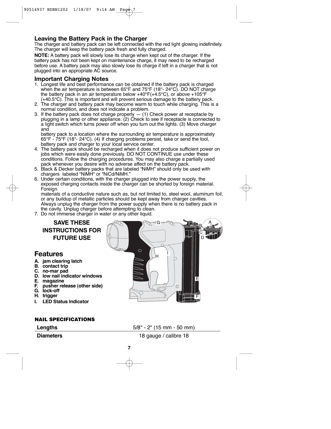 Black & Decker BDBN1802, BDBN1202, 90514937 Features, Leaving the Battery Pack in the Charger, Important Charging Notes 