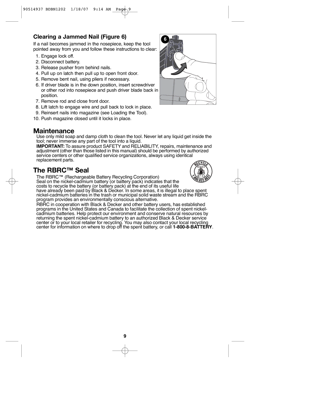 Black & Decker BDBN1202, BDBN1802, 90514937 instruction manual Maintenance, Rbrc Seal, Clearing a Jammed Nail Figure 