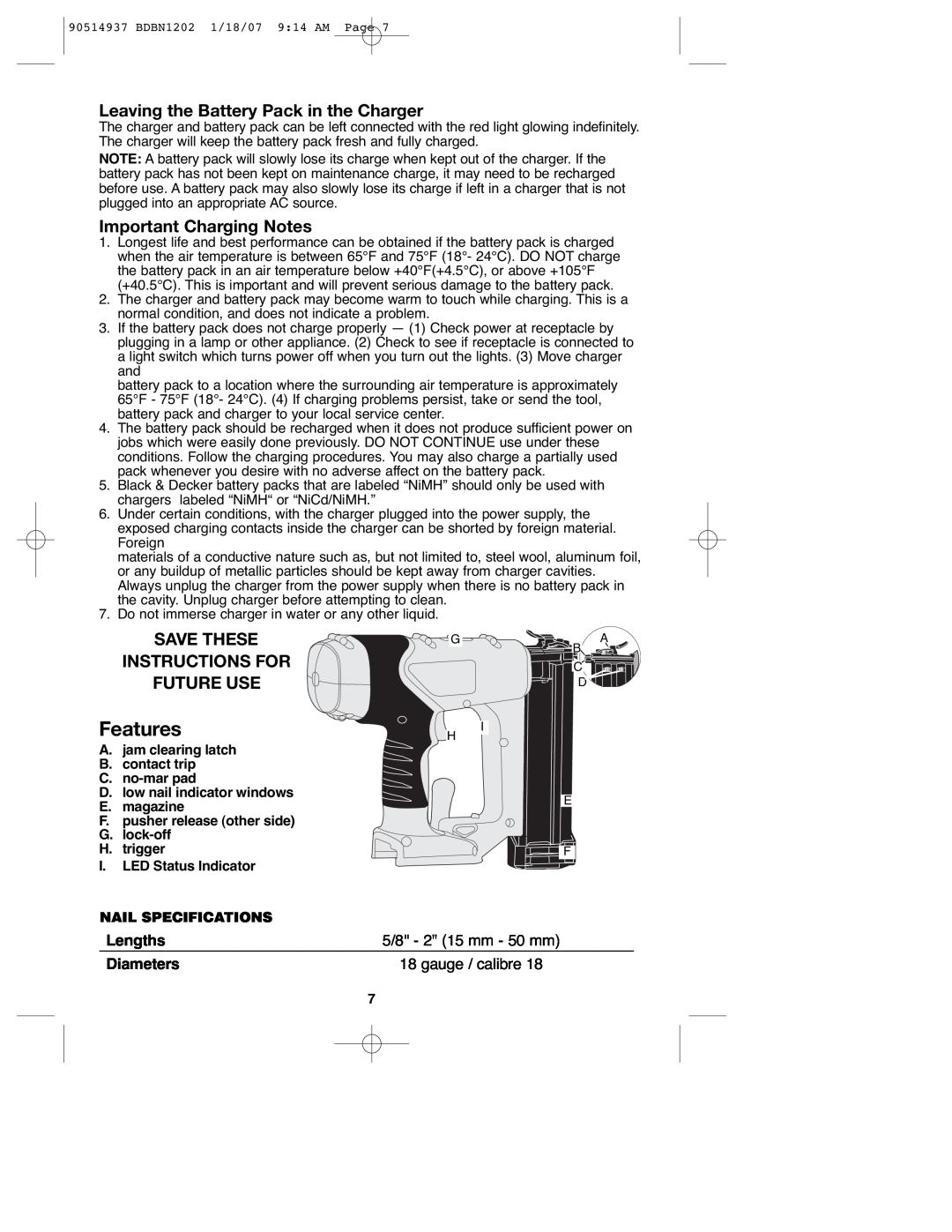 Black & Decker BDBN1802 Features, Leaving the Battery Pack in the Charger, Important Charging Notes, Lengths, Diameters 