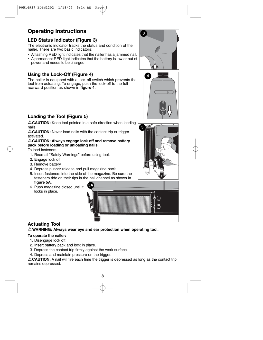 Black & Decker 90514937 Operating Instructions, LED Status Indicator Figure, Using the Lock-Off Figure, Actuating Tool 