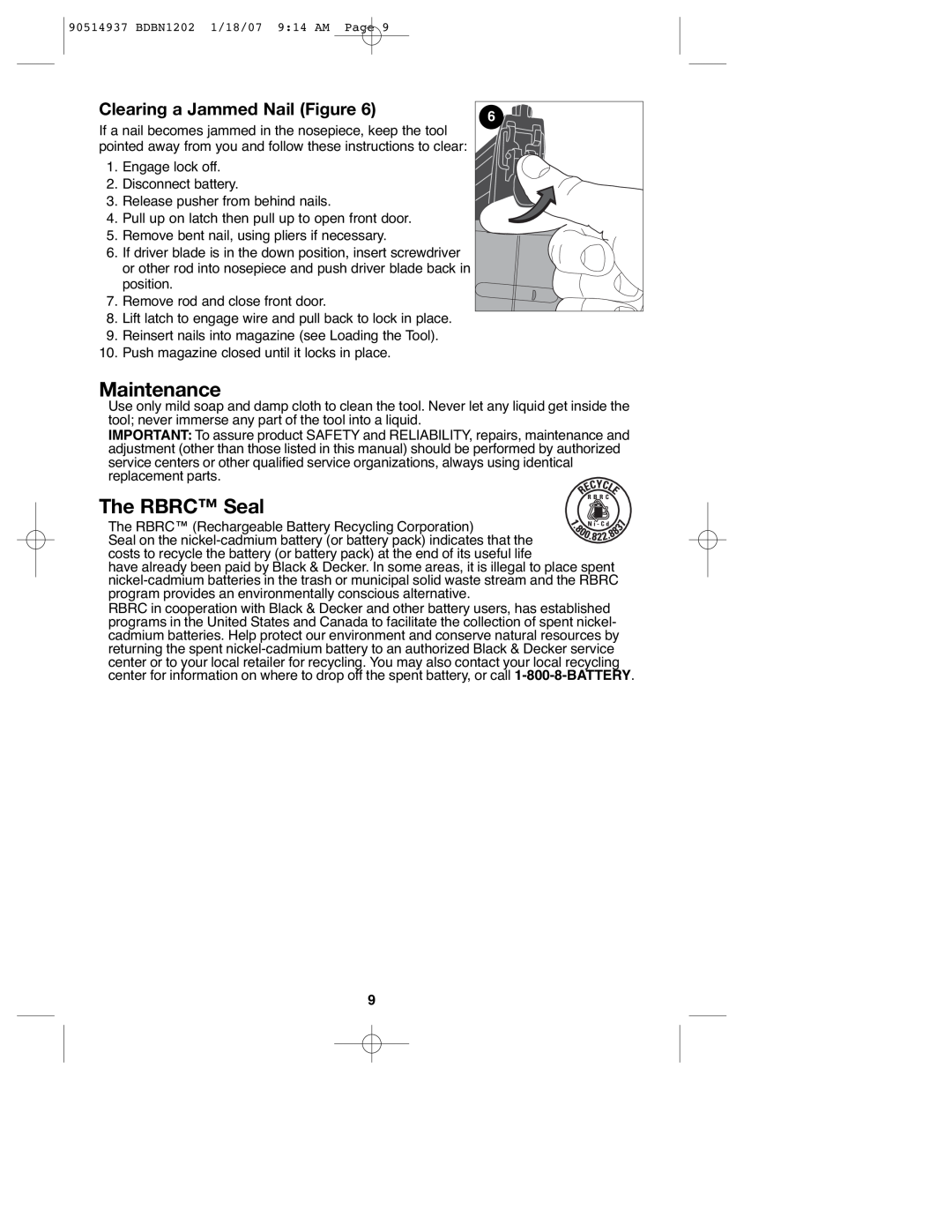 Black & Decker BDBN1202, BDBN1802, 90514937 instruction manual Maintenance, The RBRC Seal, Clearing a Jammed Nail Figure 