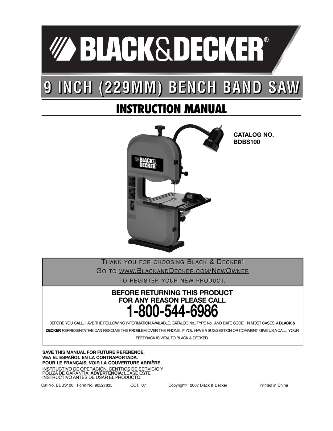 Black & Decker instruction manual Inch 229MM Bench Band SAW, Catalog no BDBS100 