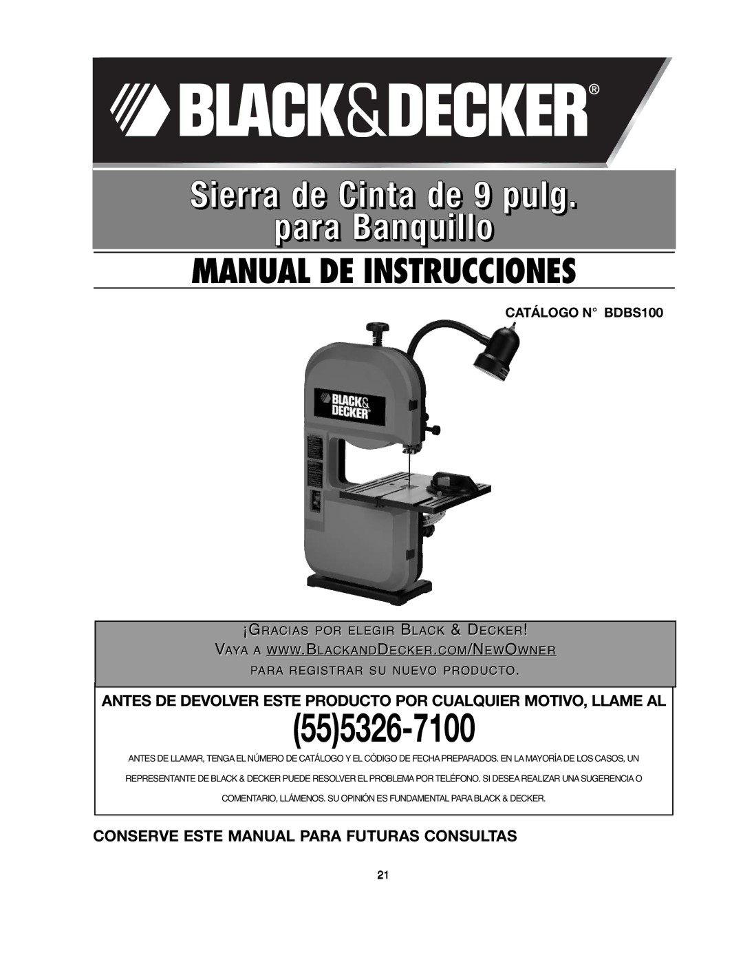 Black & Decker instruction manual Sierra de Cinta de 9 pulg Para Banquillo, Catálogo N BDBS100 