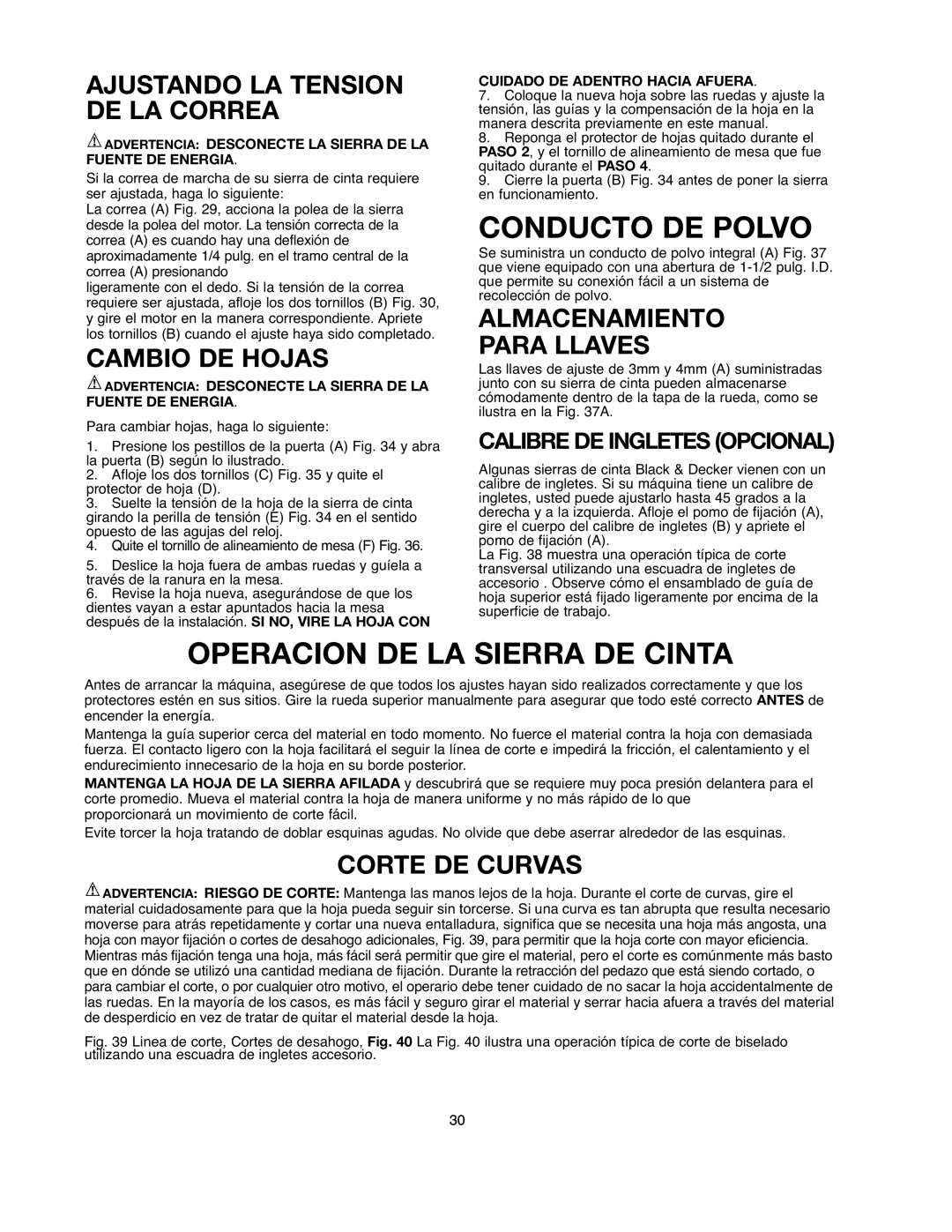 Black & Decker BDBS100 instruction manual Conducto DE Polvo, Operacion DE LA Sierra DE Cinta 