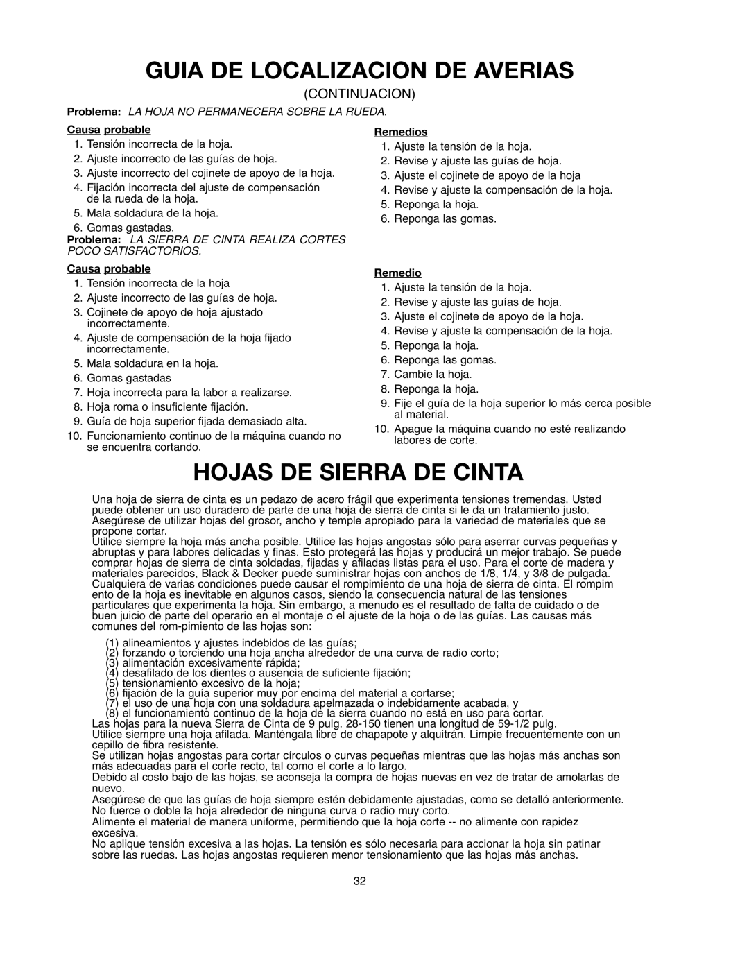 Black & Decker BDBS100 instruction manual Hojas DE Sierra DE Cinta, Continuacion 