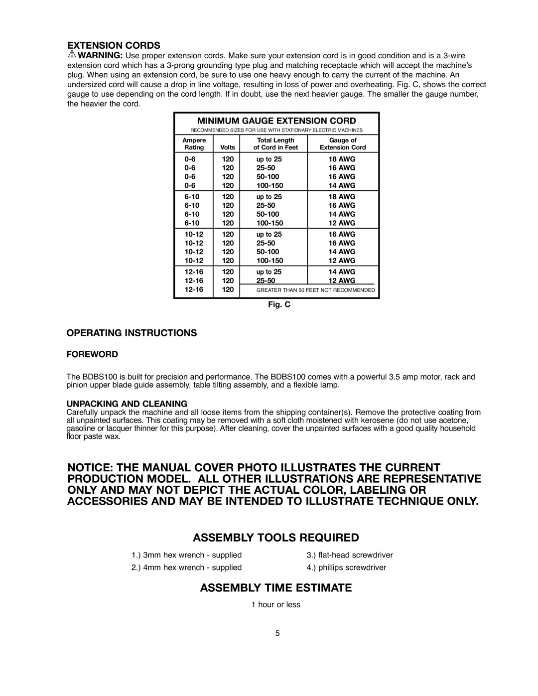 Black & Decker BDBS100 instruction manual Extension Cords, Operating Instructions, Minimum Gauge Extension Cord, Foreword 