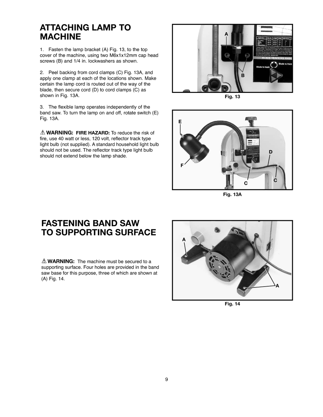 Black & Decker BDBS100 instruction manual Attaching Lamp to Machine, Fastening Band SAW To Supporting Surface 