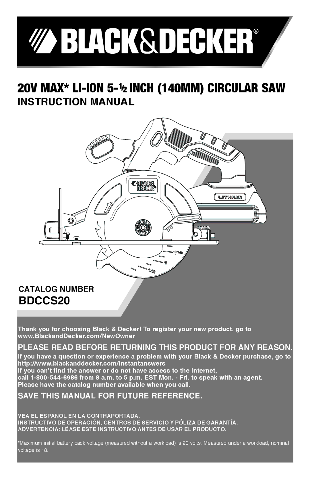 Black & Decker BDCD2204KIT instruction manual 20V MAx* Li-ion 5-1/2inch 140mm Circular saw, Catalog Number 