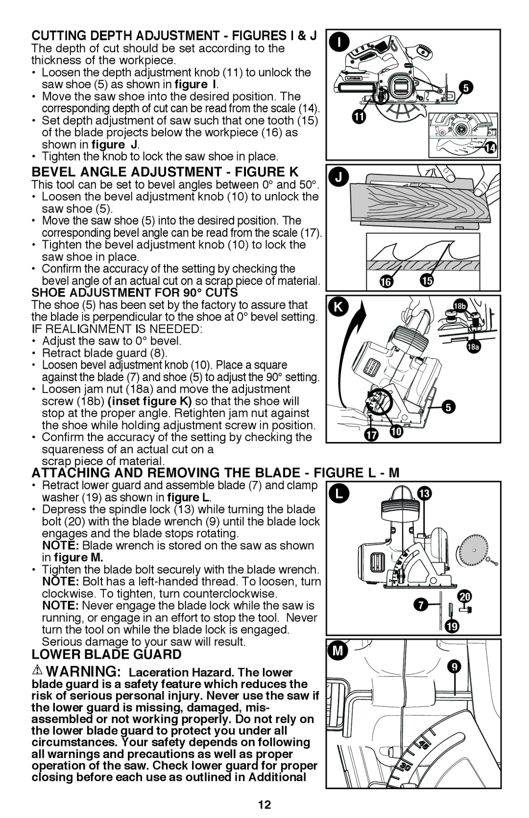 Black & Decker BDCD2204KIT Cutting Depth Adjustment Figures I & J, Bevel Angle Adjustment Figure K, Lower Blade Guard 