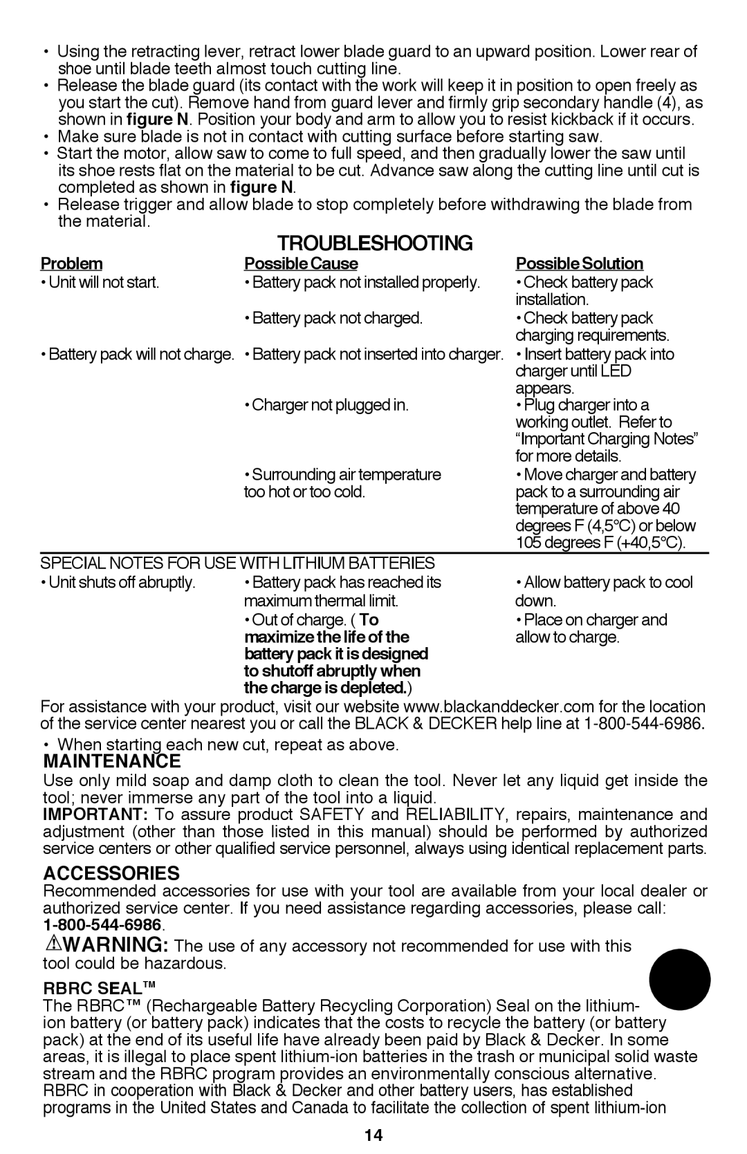 Black & Decker BDCD2204KIT Troubleshooting, Accessories, Problem Possible Solution Possible Cause, Maximize the life 