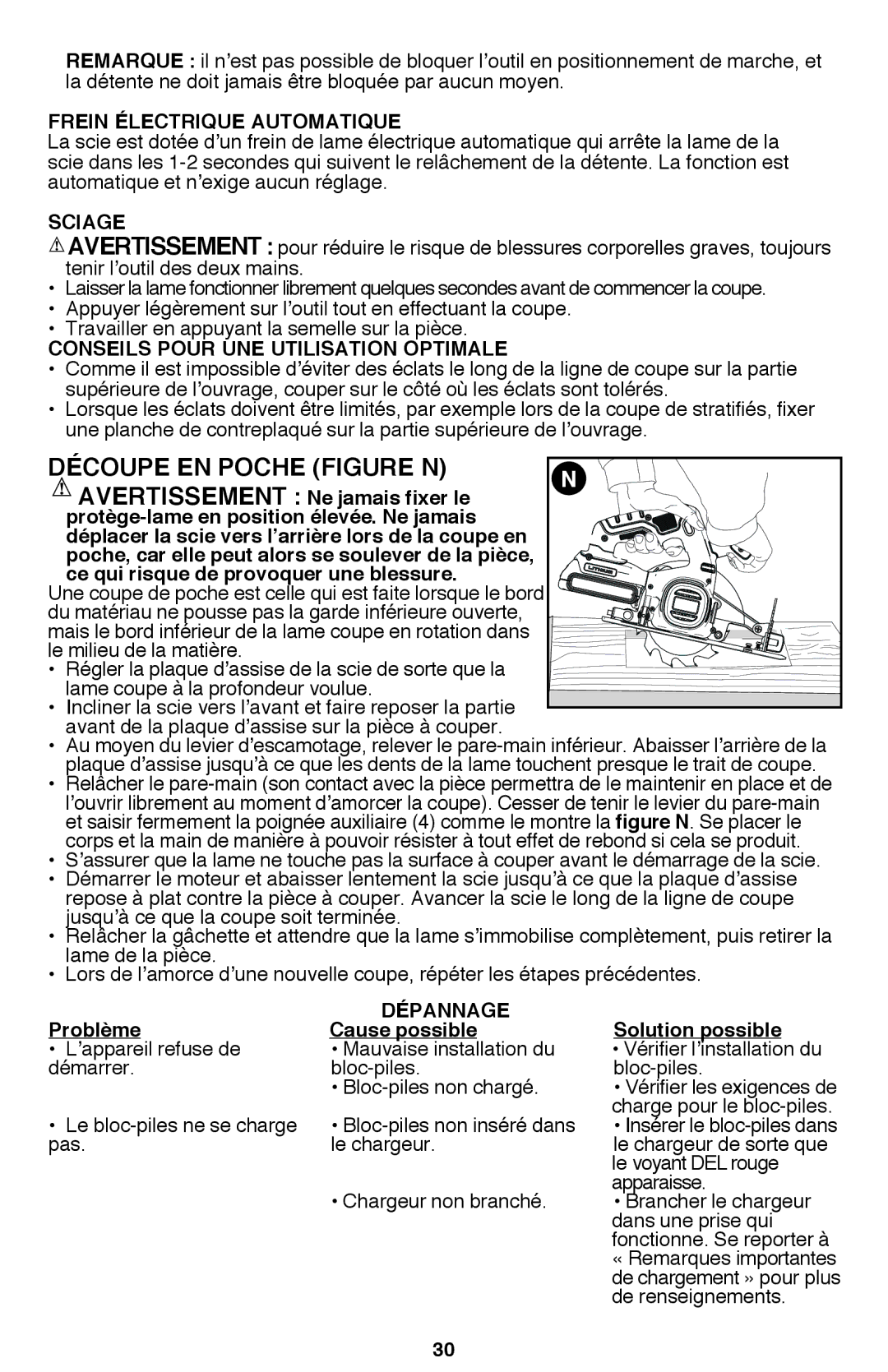 Black & Decker BDCD2204KIT instruction manual Découpe EN Poche Figure N, Frein électrique automatique, Sciage 