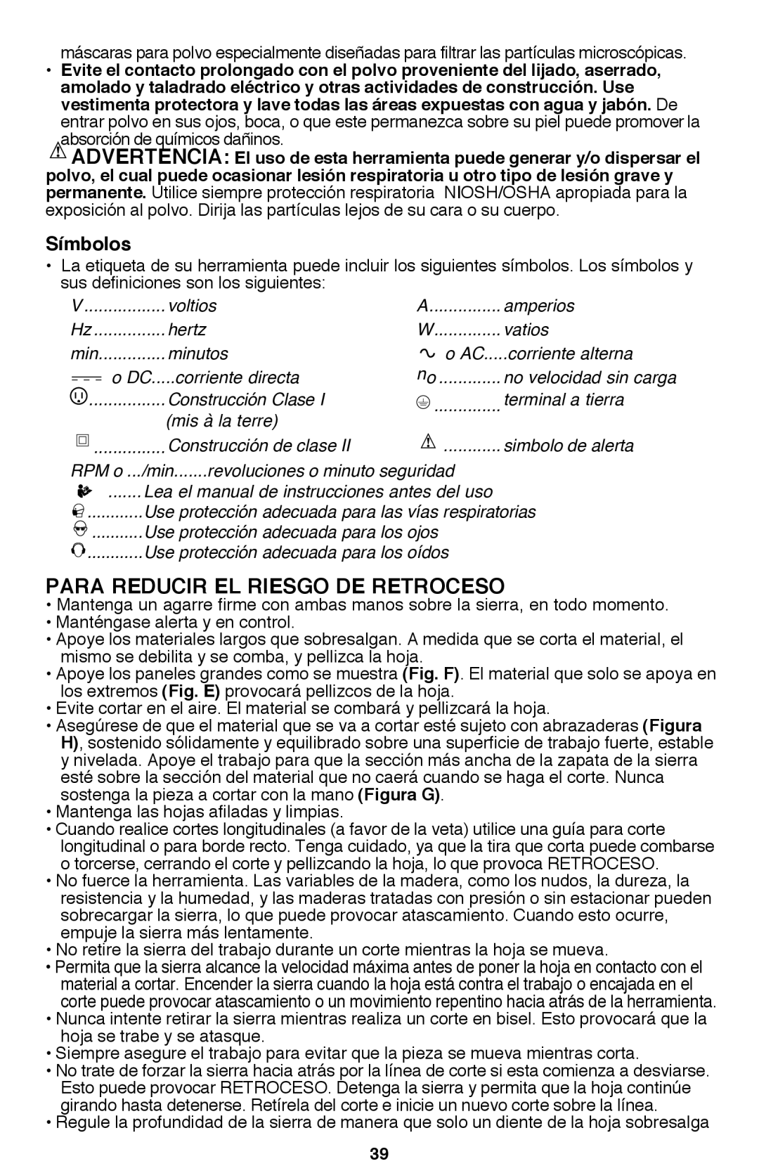 Black & Decker BDCD2204KIT instruction manual Para Reducir EL Riesgo DE Retroceso, Símbolos, Voltios Amperios Hertz Vatios 