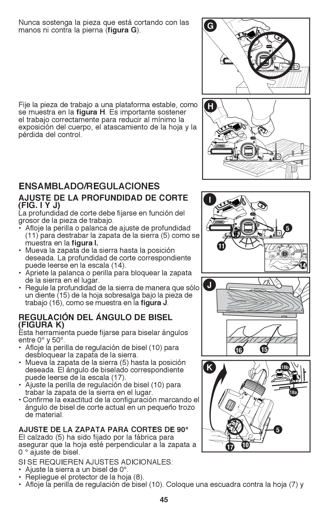 Black & Decker BDCD2204KIT Ensamblado/Regulaciones, Ajuste de la profundidad de corte, Regulación del ángulo de bisel 