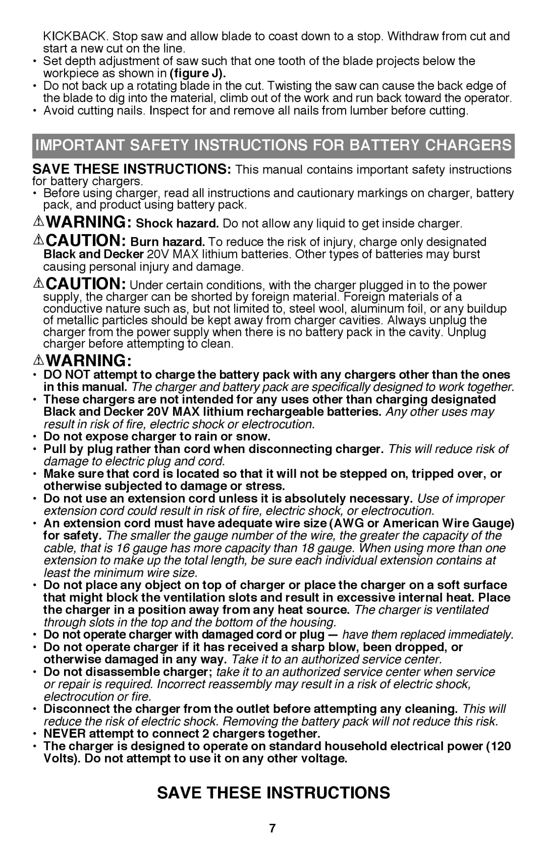 Black & Decker BDCD2204KIT instruction manual Important safety instructions for battery chargers 