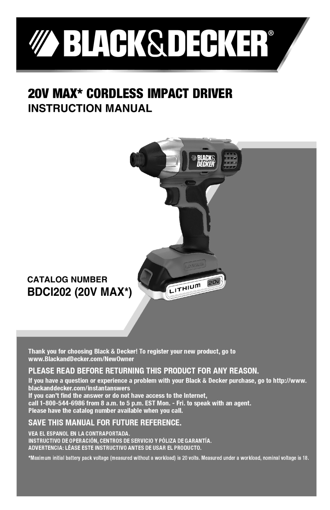 Black & Decker BDCD220IA-1 instruction manual 20V max* Cordless Impact driver 