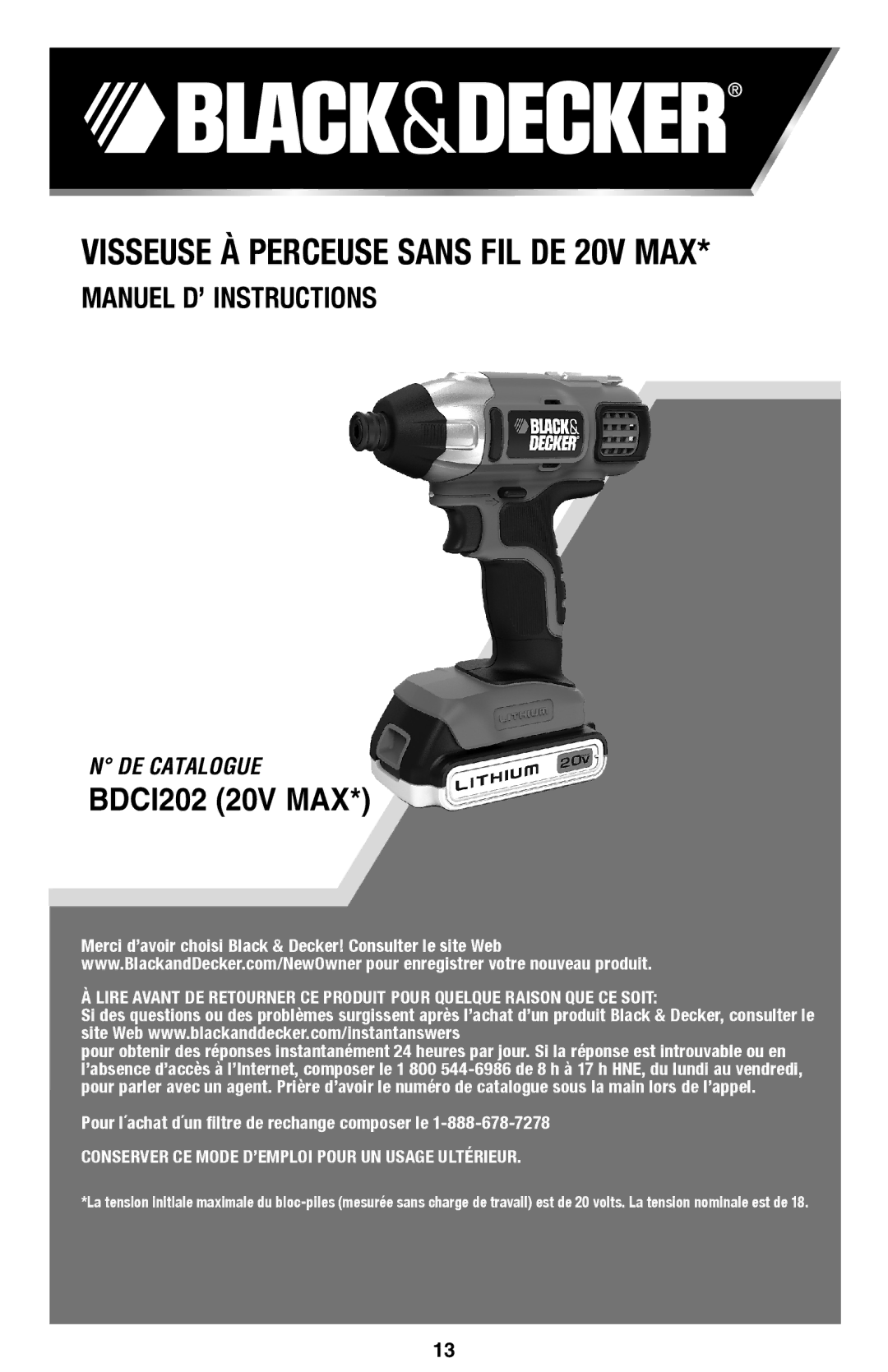 Black & Decker BDCD220IA-1 instruction manual Visseuse à Perceuse Sans FIL DE 20V MAX 