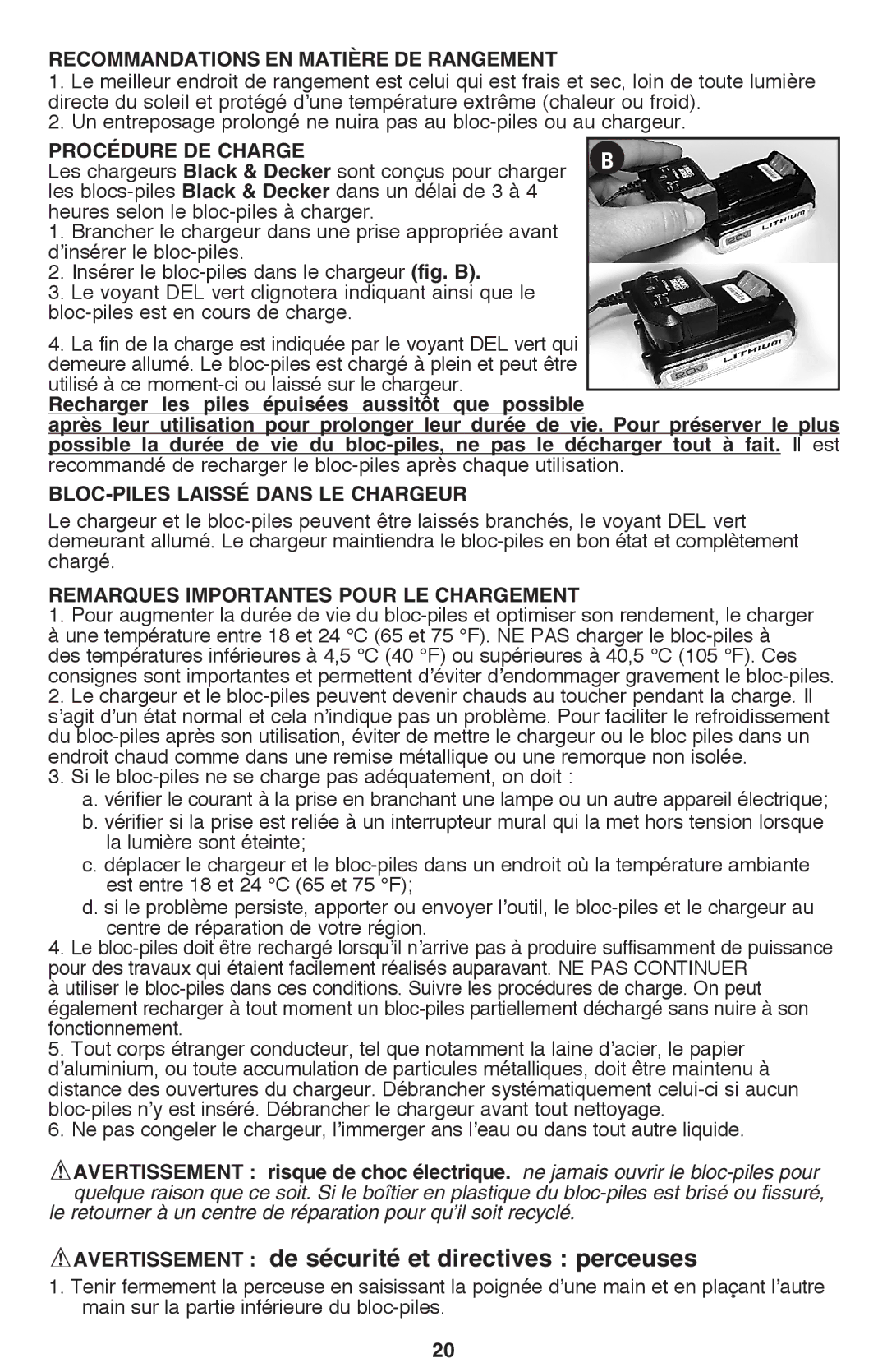 Black & Decker BDCD220IA-1 Avertissement de sécurité et directives perceuses, Recommandations en matière de rangement 