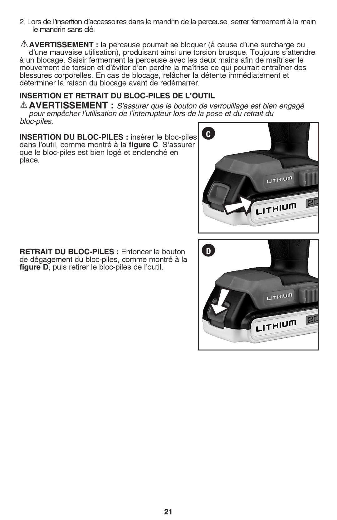 Black & Decker BDCD220IA-1 instruction manual Insertion et retrait du bloc-piles de l’outil, Bloc-piles 