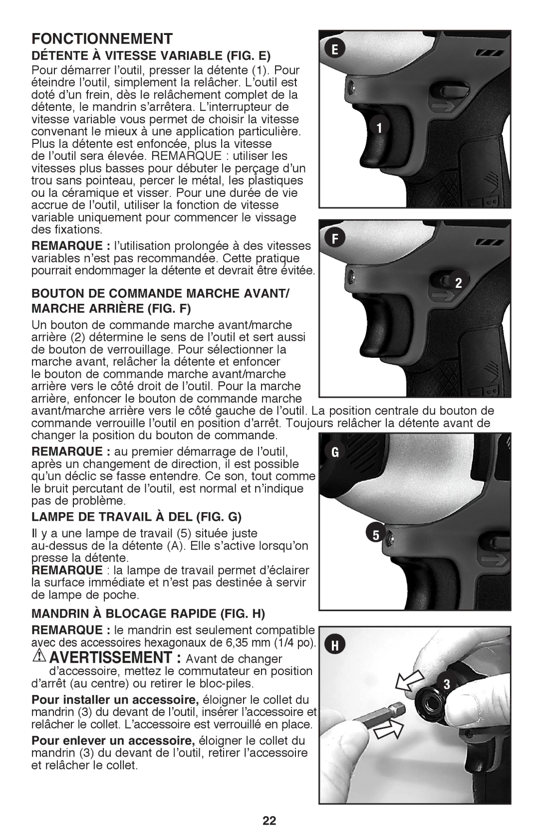 Black & Decker BDCD220IA-1 instruction manual Avertissement Avant de changer, Fonctionnement 