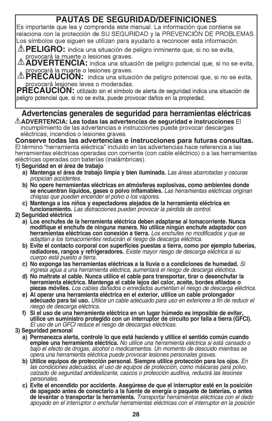 Black & Decker BDCD220IA-1 instruction manual Pautas DE SEGURIDAD/DEFINICIONES, Seguridad eléctrica 