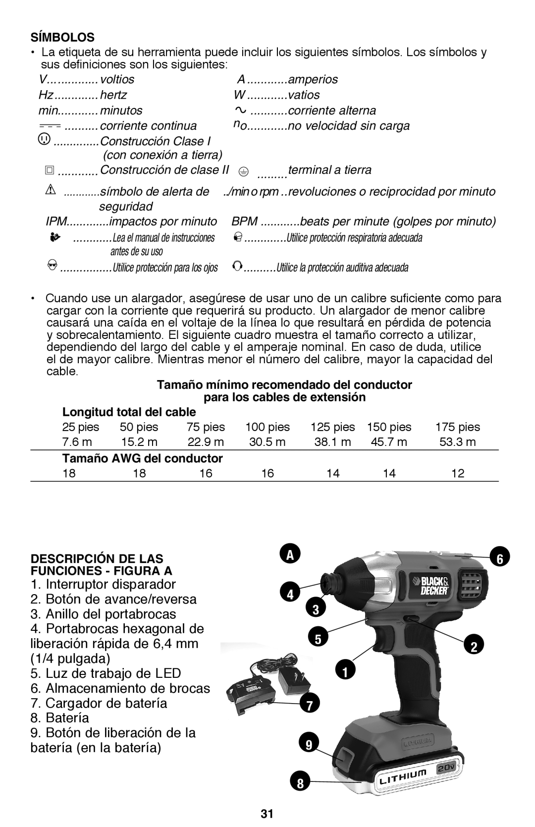 Black & Decker BDCD220IA-1 instruction manual Símbolos, Terminal a tierra, Seguridad, Tamaño AWG del conductor 