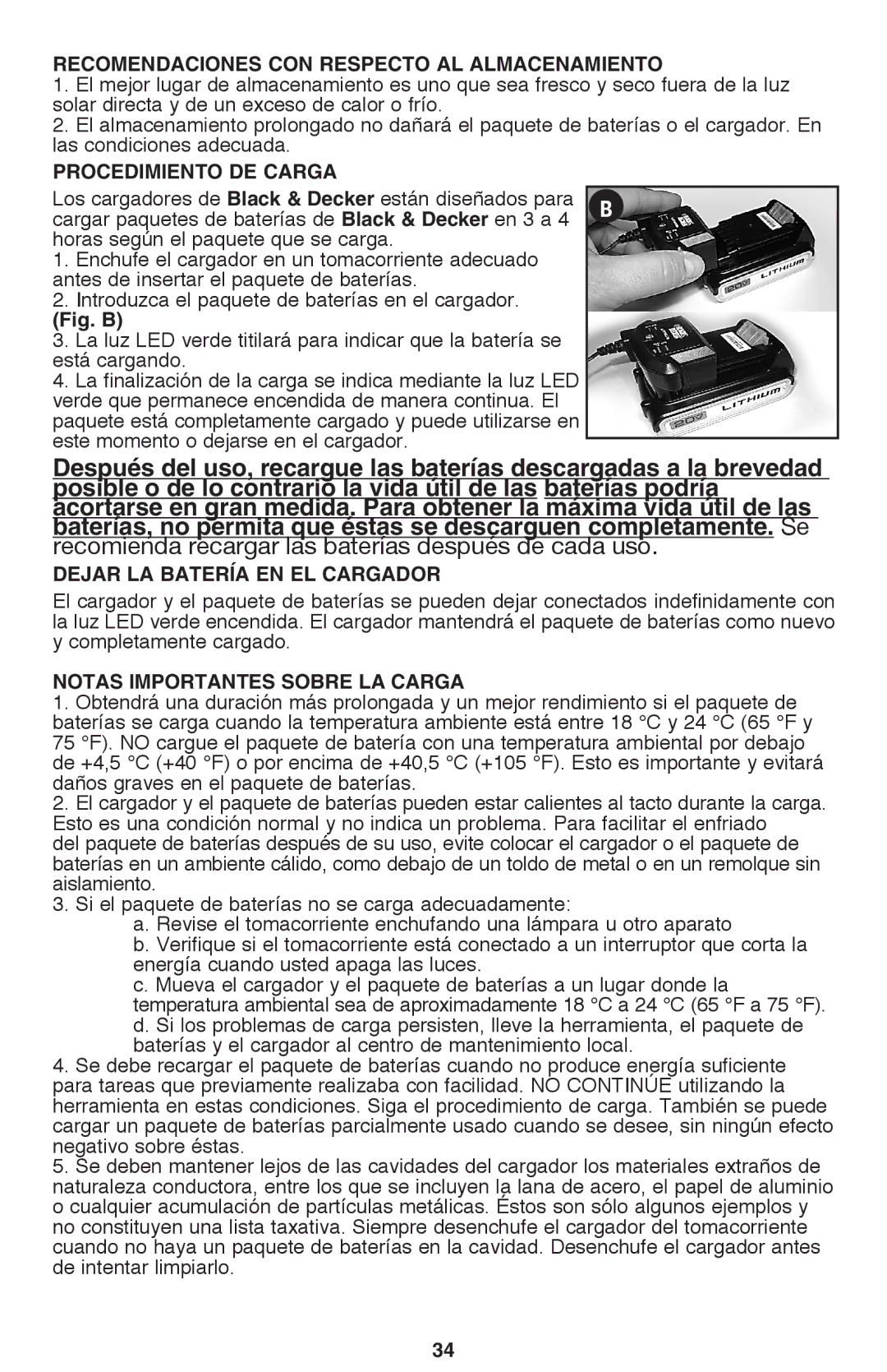 Black & Decker BDCD220IA-1 instruction manual Recomendaciones con respecto al almacenamiento, Procedimiento de carga 