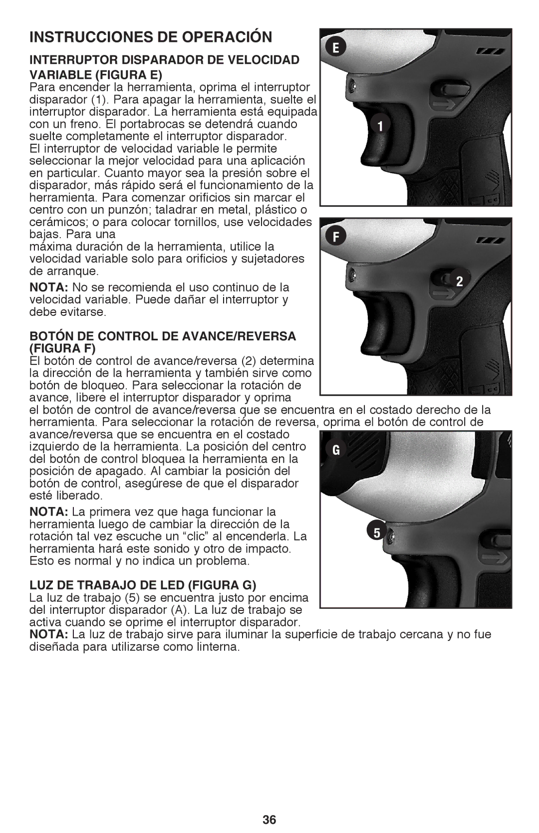 Black & Decker BDCD220IA-1 Instrucciones de operación, Interruptor disparador de velocidad, Variable Figura E 