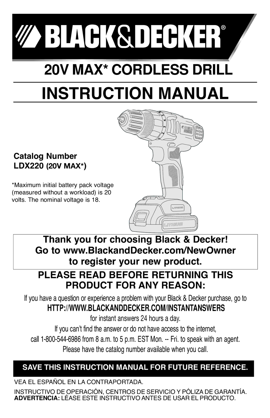 Black & Decker BDCD220IA-1 instruction manual 20V MAX* Cordless Drill, Catalog Number 