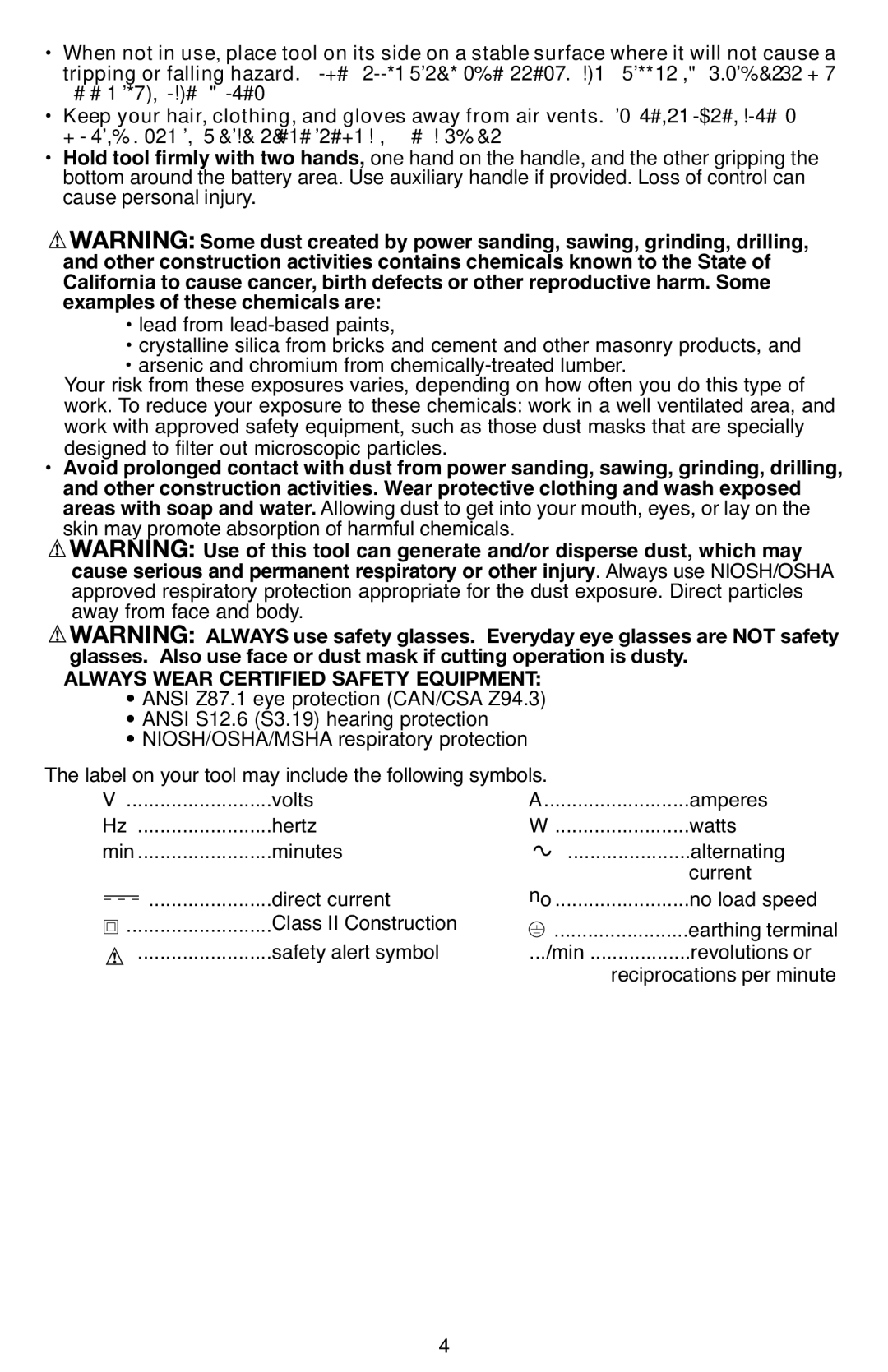 Black & Decker BDCD220IA-1 instruction manual Ansi Z87.1 eye protection CAN/CSA Z94.3, Volts Hertz Watts 