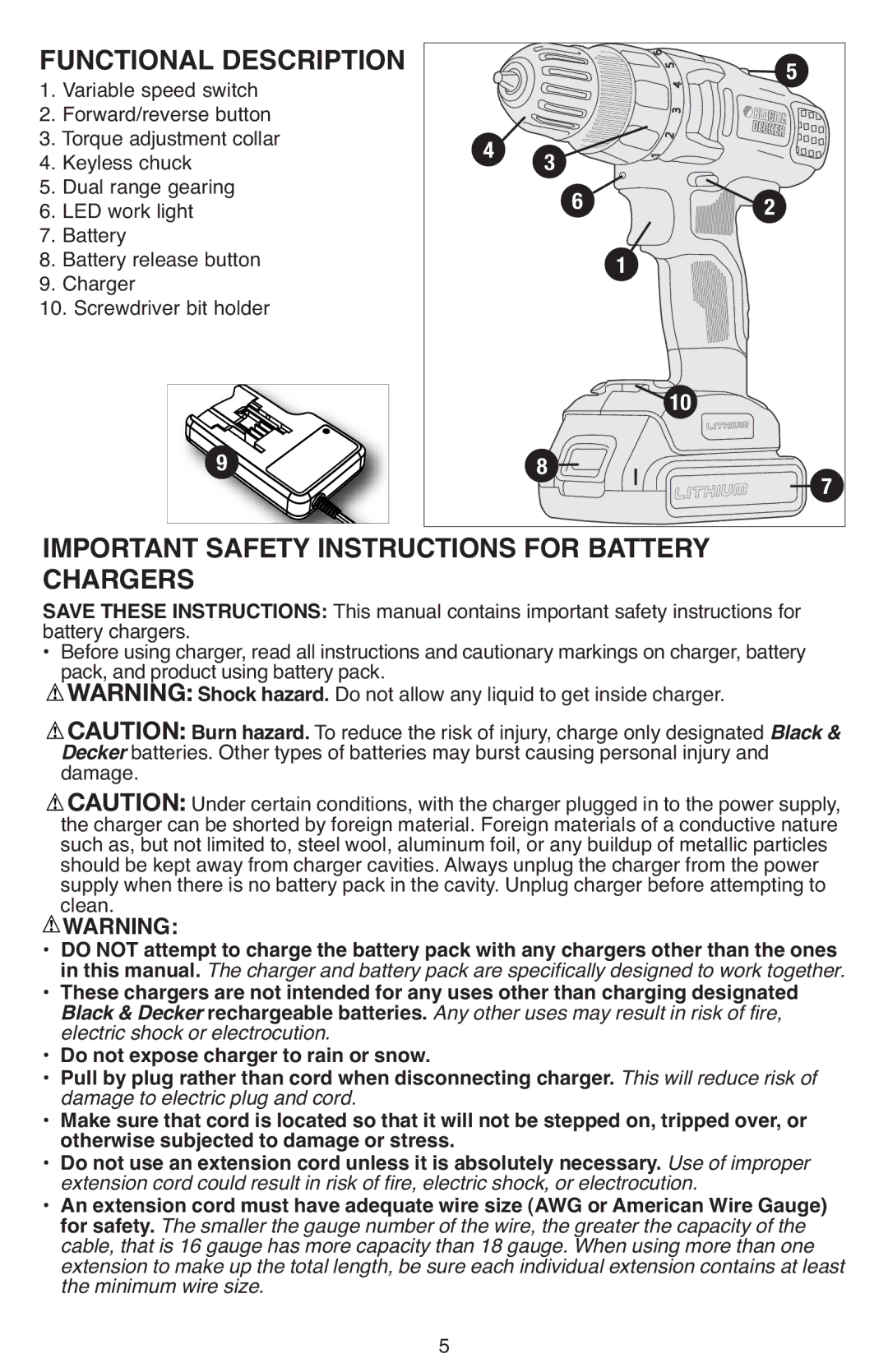 Black & Decker BDCD220IA-1 Electric shock or electrocution, Damage to electric plug and cord, Minimum wire size 