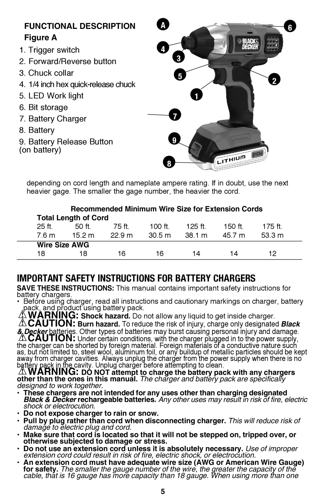 Black & Decker BDCD220IA Recommended Minimum Wire Size for Extension Cords, Total Length of Cord, Wire Size AWG 