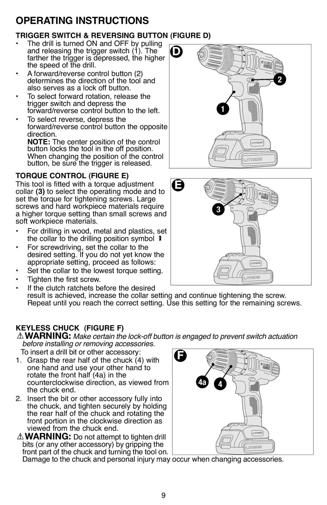 Black & Decker BDCD220IA Trigger Switch & Reversing Button Figure D, Torque Control Figure E, Keyless Chuck Figure F 