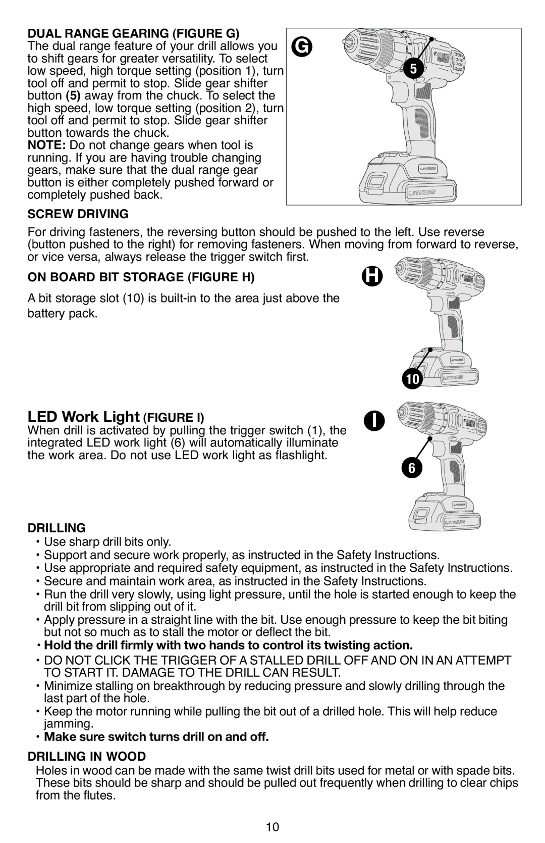 Black & Decker BDCD220IA-1 Dual Range Gearing Figure G, Screw Driving, On Board BIT Storage Figure H, Drilling 